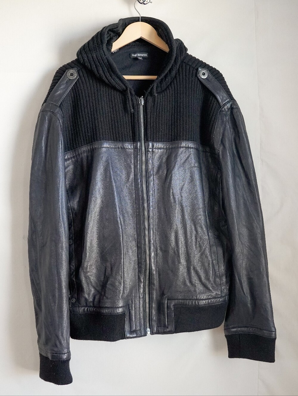 Royal Underground Black Genuine Leather Hooded Biker Jacket XL